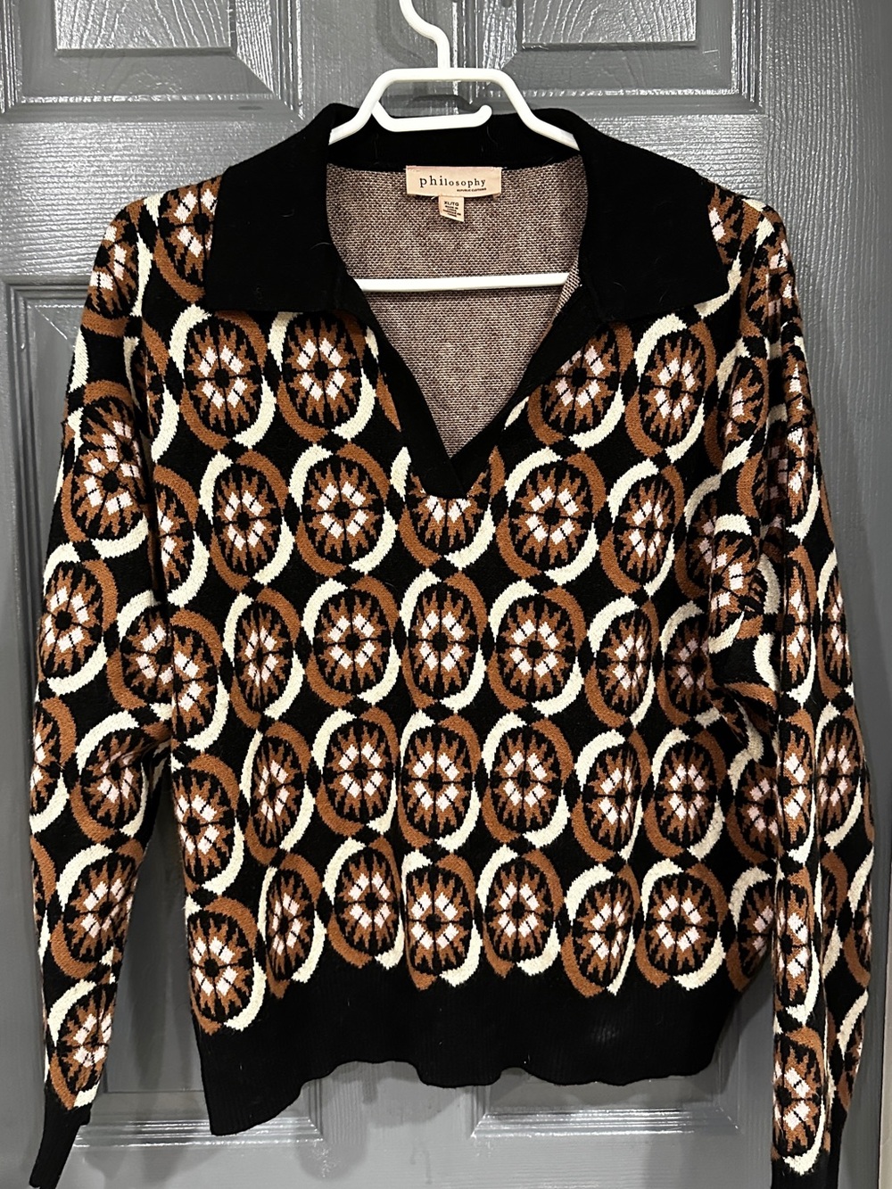 Philosophy Black, Brown & Cream Geometric Collared V-Neck Sweater